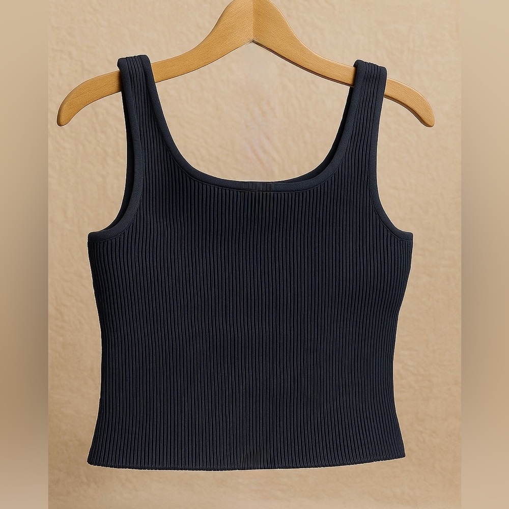 NEW Quince Cropped Square Neck Ribbed Knit Tank (Black) M